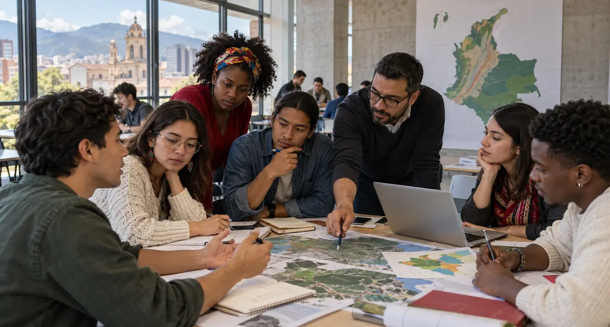 Estudiantes analizan mapas y proyectos territoriales en un aula universitaria