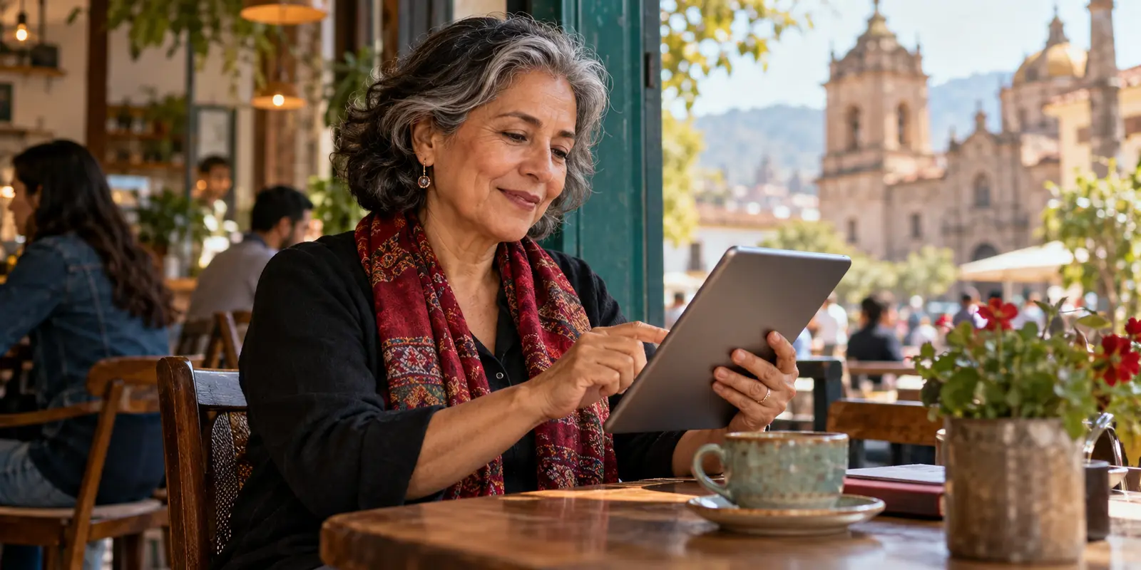 Mujer latinoamericana mayor utilizando una tableta digital en una cafetería