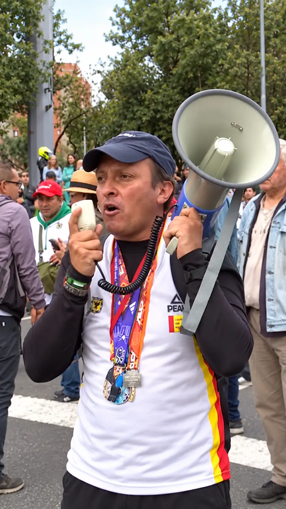 Hombre con megáfono durante la protesta por las carreras atléticas en Teusaquillo