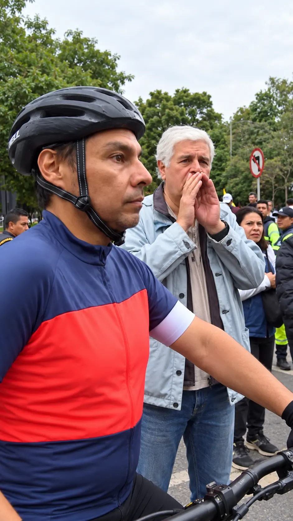 Ciclista y manifestante durante un momento de tensión en la protesta de Teusaquillo