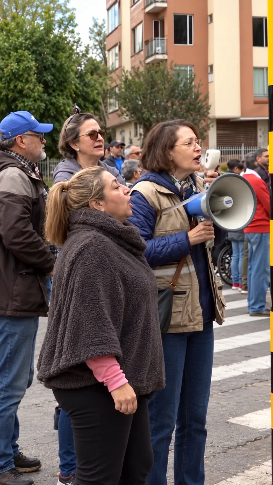 Vecinas de Teusaquillo participan con megáfonos en una protesta por los cierres de las carreras atléticas